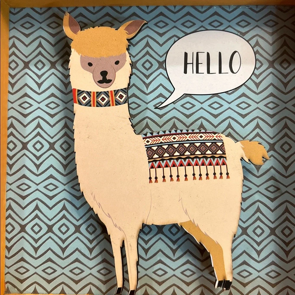 Hello Llama Framed Wall Art in Mustard‎ and Blue Distressed Frame Aztec
